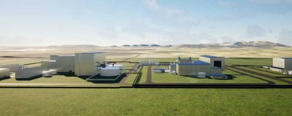 Illustration av hur en natriumanläggning kan se ut, med reaktordelen till höger och energilagret till vänster. Bild: TerraPower.