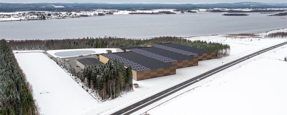 Drönarbild med illustration av den planerade anläggningen. Bild: Hushållningssällskapet Norrbotten-Västerbotten