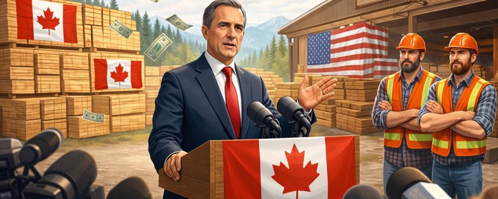 Kanadas premiärminister Mark Carney presenterade åtgärderna nyligen vid ett besök på Gorman Brothers sågverk i British Columbia: Symbolbild: AI-genererad bild. Ej ett fotografi. Upphovsrätt © Conventus–