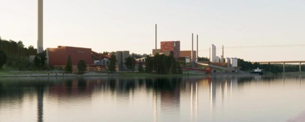 En illustration av Igelstaverket och den nya bio-CCS-anläggningen.  Liljewall arkitekter