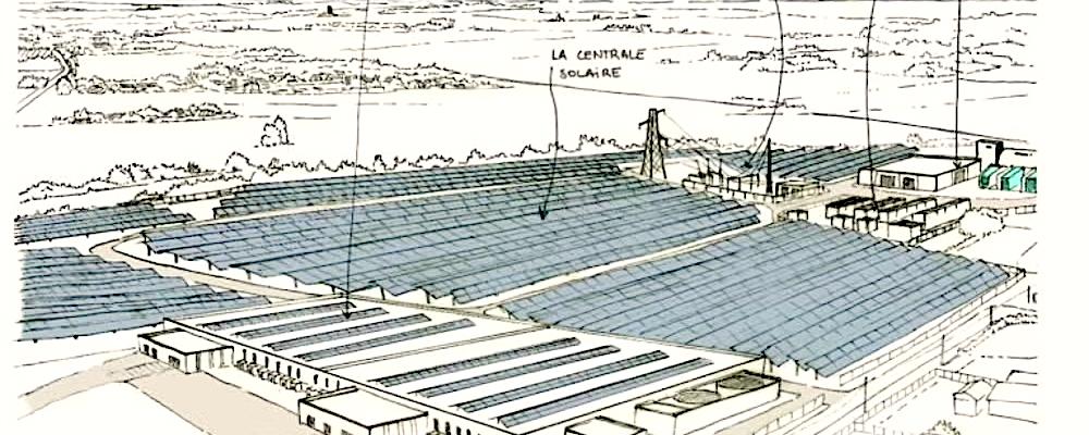 Illustration av den planerade vätgasanläggningen i Châtellerault, som även skulle ha försetts med en solcellspark för att driva elektrolysörerna. Foto: Lhyfe