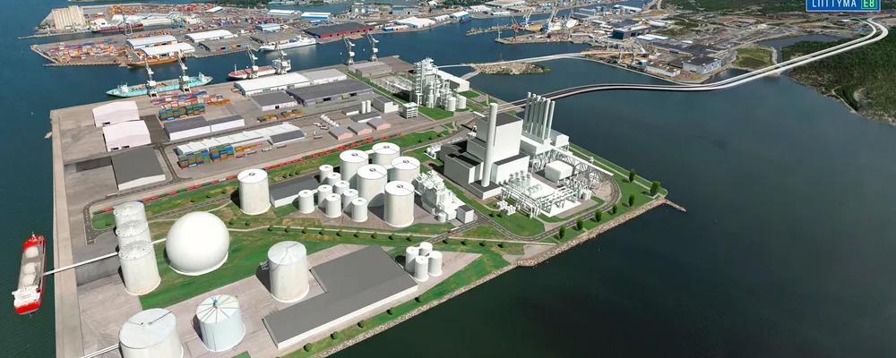 Illustration av TES och CPC Finlands föreslagna projekt för 500 megawatt e-metan i Raumo, Finland. Foto: Hannu Vallas/Raumo hamn