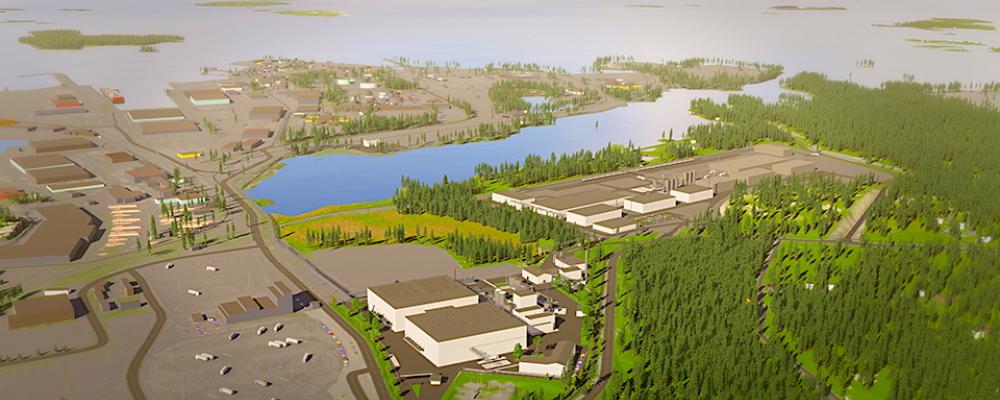 Anläggningen för prekursorer till katodaktivt material (pCAM) i Fredrikshamn har hittills utvecklats av CNGR Finland Oy. Nu har Suomen Malmijalostus (Finnish Minerals Group) förvärvat hela aktiekapitalet i bolaget och blev därmed ensam ägare i april 2025. – Efter att vår ursprungliga partner dragit sig ur projektet utvärderar vi nu förutsättningarna för att fortsätta på en ny grund, meddelar bolaget. Målet är att bygga en högteknologisk produktionsanläggning som kan leverera prekursorer till katodaktivt material med en rekordlåg koldioxidavtryck – ett viktigt steg mot mer hållbar europeisk batteriproduktion. Illustration: Suomen Malmijalostus (Finnish Minerals Group)