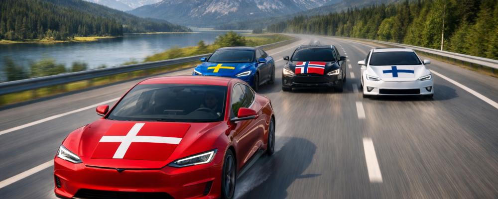 Den nordiska bilracen. Danskarna visade stort intresse för att köpa bil i januari, medan försäljningen minskade i övriga Norden. Illustration: ej fotografi – AI-genererat innehåll, copyright, Conventus.