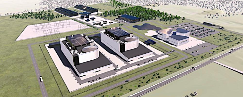Visualisering av ett kärnkraftverk med två BWRX-300-reaktorer. Bild: Fermi Energia.