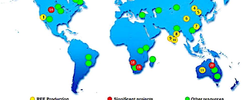 Karta över världens kända reserver av sällsynta jordartsmetaller baserad på data från U.S. Geological Survey.