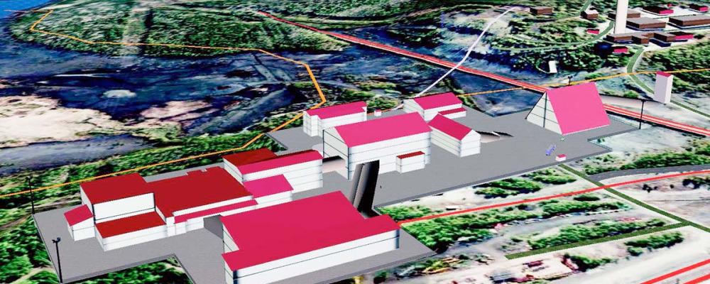 Illustration av planerad anrikningsanläggning och vanadinfabrik i finländska orten Otanmäki. Bild: Otanmäki Mine Oy