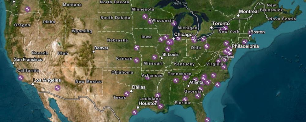 Karta över kärnkraftverk i USA. Det finns för närvarande 54 kärnkraftsverk i USA. Källa: U.S. Energy Information