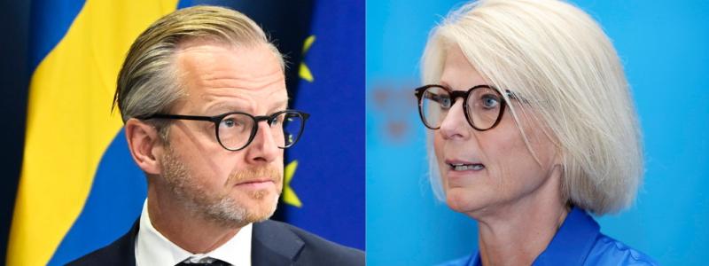 Anders Wiklund/TT/Ali Lorestani / TT: Finansminister Mikael Damberg (tv) och Moderaternas ekonomisk-politiska talesperson Elisabeth Svantesson.