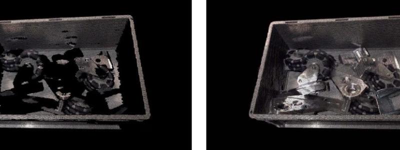 Före- och efterbild av 3D-skanning med den nya tekniken. Foto: Photoneo/OEM Automatic