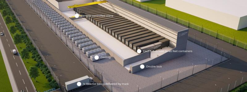 En visualisering av ett 1 gigawatt kraftverk baserat på Copenhagen Atomics smältsaltreaktor (Bild: UK Atomics).
