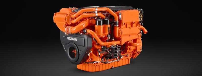 Den nya 13-liters marinmotorn för framdrivning har ett effektintervall på 257-772 kW (350-1050 HK) och ett hjälpeffektintervall på 301-553 kW beroende på arbetsbelastning, utsläppsstandarder och varvtal. Foto: Scania