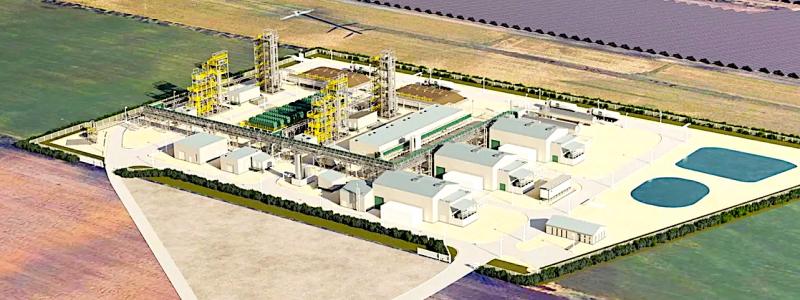 Anläggningen i Kassö, som ligger nära företagets egna solcellspark på över 300 megawatt, är planerad att initialt producera upp till 32 000 ton e-metanol årligen. Illustration: European Energy
