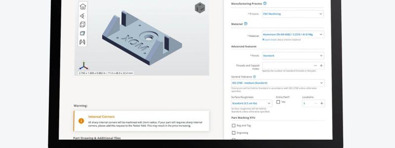 Screenshot of Xometry’s Instant Quoting Engine.