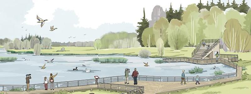 Idéskiss av rekreationsområdet vid våtmarken i Katrineholm. Bild: AWS