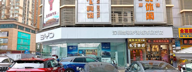 En BYD-återförsäljare i kinesiska Shenzhen. BYD Auto är den största tillverkaren av nya energifordon i Kina genom tiderna. Foto: Wikipedia Common Lic, kredit: Feisim LEOANU