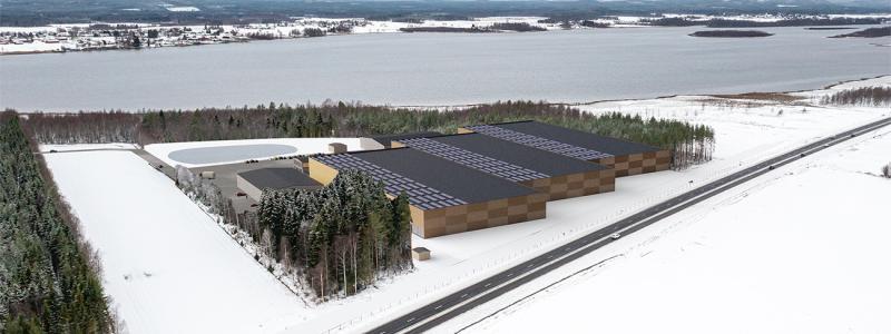 Drönarbild med illustration av den planerade anläggningen. Bild: Hushållningssällskapet Norrbotten-Västerbotten