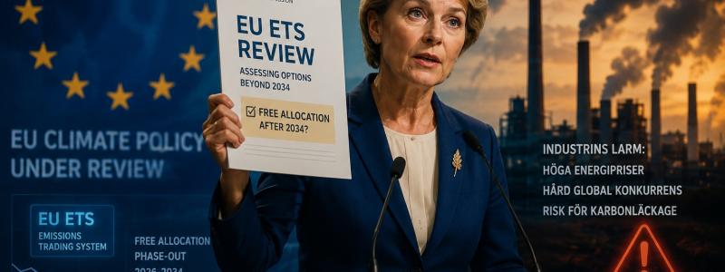 EU:s pågående översyn kan påverka tidsplanen för utfasningen av fria utsläppsrätter. Om medlemsländerna och Europaparlamentet godkänner EU-kommissionens kommande förslag för de branscher som omfattas av EU:s koldioxidtull, CBAM, kan de fria utsläppsrätterna enligt nuvarande regler vara helt avskaffade senast 2034. Foto: AI-genererad illustration, inte ett fotografi. Copyright: Conventus.