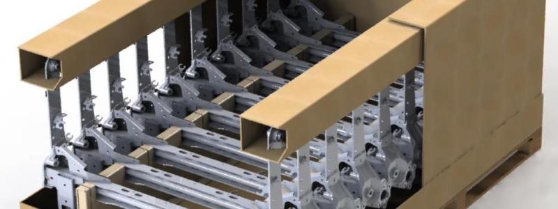 Den nya fiberbaserade förpackningen är tänkt att ersätta metallcontainrar vid transport av chassidelar. Foto: DS Smith Tecnicarton