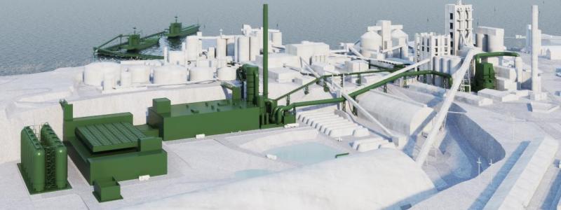 3D-illustration som visar hur Slitefabriken kan komma att utformas i framtiden. Det gröna är tillkommande anläggningsdelar. Bild: Heidelberg Materials