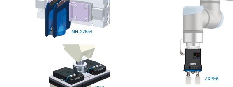 SMC har lanserat tre nya gripdon för cobotar. I fokus står ett nytt vakuumgripdon med skum, ZGS, det elektriska vakuumgripdonet ZXPE5 och de elastiska fingrarna MH-X7654.  Bild: SMC