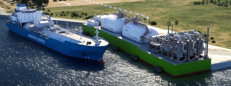 Förutom HH2E:s stora vätgasprojekt planeras vid Östersjökusten i Lubmin även världens första flytande importterminal för vätgas. LNG-terminaloperatören Deutsche ReGas och energibolaget Höegh LNG har undertecknat en principöverenskommelse för detta. "H2-Importterminal Lubmin" ska omvandla grönt ammoniak till vätgas i industriell skala, som sedan kommer att transporteras till land via en pipeline. Foto: Höegh LNG