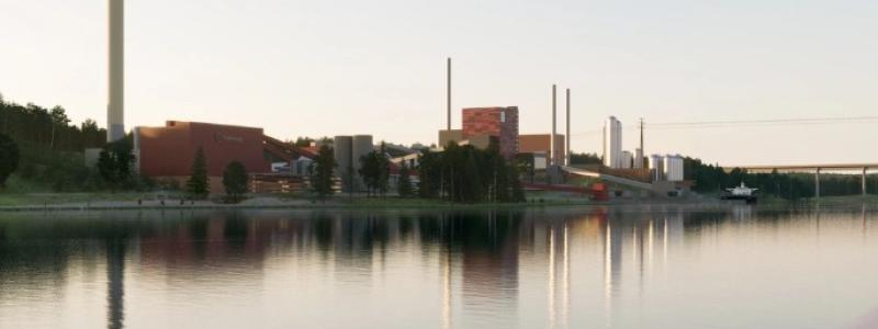 En illustration av Igelstaverket och den nya bio-CCS-anläggningen.  Liljewall arkitekter
