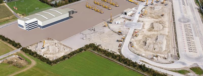 Visualisering av det planerade logistikcentret vid Liebherr-Hydraulikbagger GmbH i Kirchdorf vid floden Iller. Bild: Liebherr-Hydraulikbagger GmbH