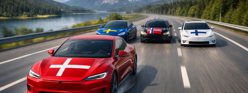 Den nordiska bilracen. Danskarna visade stort intresse för att köpa bil i januari, medan försäljningen minskade i övriga Norden. Illustration: ej fotografi – AI-genererat innehåll, copyright, Conventus.