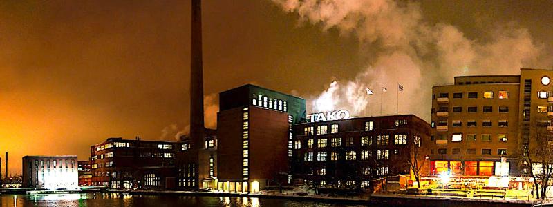 Takos kartongfabrik i centrum av Tammerfors direkt vid forsen. Foto: Wikipedia Common Lic. Kredit: Kallerna
