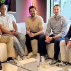 Tre grundare flankerade av AI Gothenburgs Viktor Gold och Michael Yngfors: Mikael Karlgren, Barrion, Niclas Lundgren, Konfliktkollen och Christian Fleischer, Cognivity AI. Foto: AI Gothenburg / Business Region Göteborg