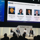 Bildtext: Panelen ‘From Connectivity to Connecting Intelligence’ på MWC 2026 pågick på mässans första dag. Från vänster: Erzsébet Fitori (SNS JU), Pallavi Mahajan (Nokia), Bruno Zerbib (Orange) och Damien Lucas (Scaleway). Foto: Nicholas Christiansen