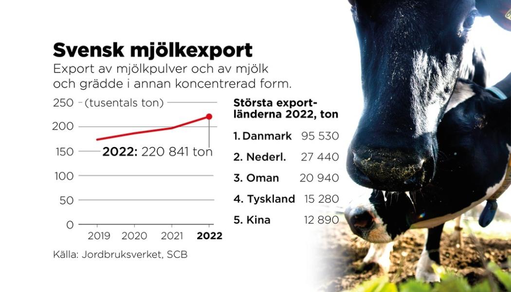 Johan Hallnäs: Export av mjölkpulver och av mjölkoch grädde i annan koncentrerad form ökar. I takt med att svenska konsumenter i hög grad väljer importerad ost, blir pulverexporten desto viktigare för mejerier och lantbrukare.