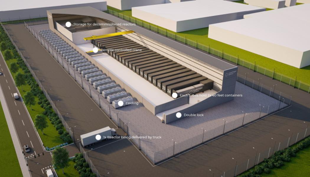 En visualisering av ett 1 gigawatt kraftverk baserat på Copenhagen Atomics smältsaltreaktor (Bild: UK Atomics).