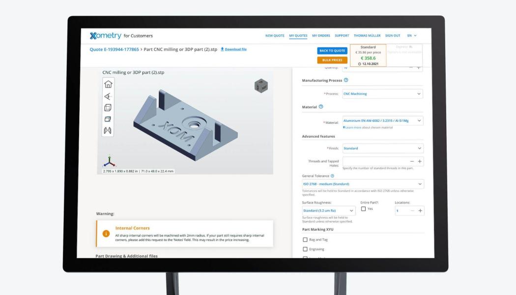 Screenshot of Xometry’s Instant Quoting Engine.