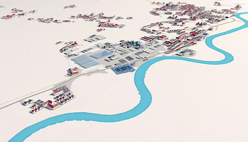 Intill Agro-Chemieparken i Wittenberg, nära floden Elbe, planeras byggandet av vätgasanläggningen (markerad i mörkblått). Investeringssumman uppgår till upp till 1,6 miljarder euro. Illustration: VNG 