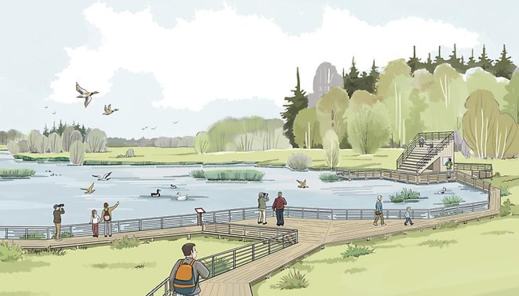 Idéskiss av rekreationsområdet vid våtmarken i Katrineholm. Bild: AWS