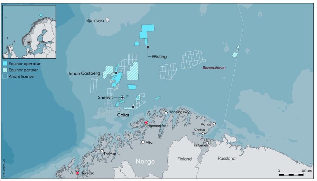 Illustration av Equinors planerade utbyggnad av Wistingfältet i Barentshavet. Projektet kan bli Norges största nya oljeutveckling på den norska kontinentalsockeln under de kommande åren. Karta: Equinor