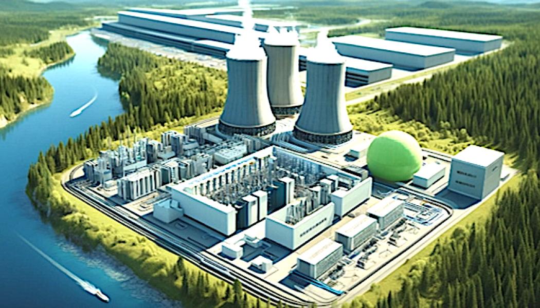 Illustration av ett datacenter med ett SMR-kraftverk och en fabrik för grön elektrolys. Källa: Norsk Kjernekraft