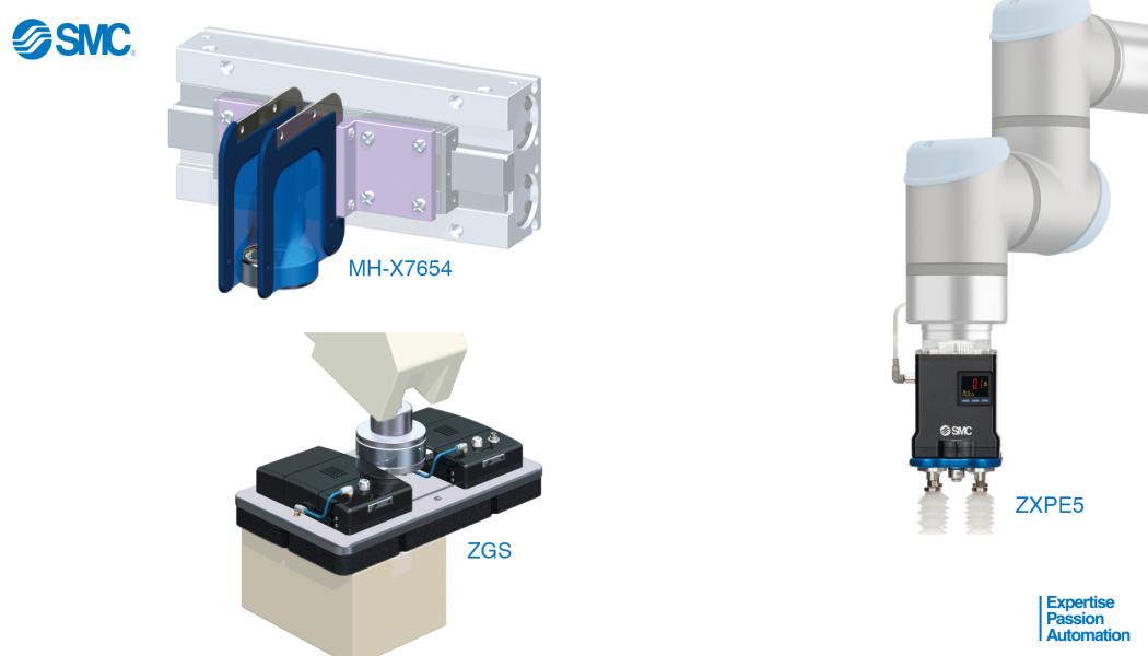 SMC har lanserat tre nya gripdon för cobotar. I fokus står ett nytt vakuumgripdon med skum, ZGS, det elektriska vakuumgripdonet ZXPE5 och de elastiska fingrarna MH-X7654.  Bild: SMC