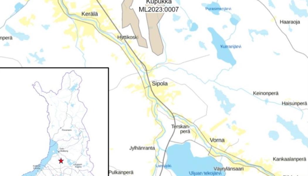Platsen för fyndet. Grafit är en av batteriindustrins viktigaste råvaror. Den nya fyndigheten i Siikalatva kan på sikt bli en av Europas största och minska EU:s beroende av importerad grafit. Klicka på krysset i vänstra övre hörnet för att förstora bilden. Karta: Kupukan Grafiitti