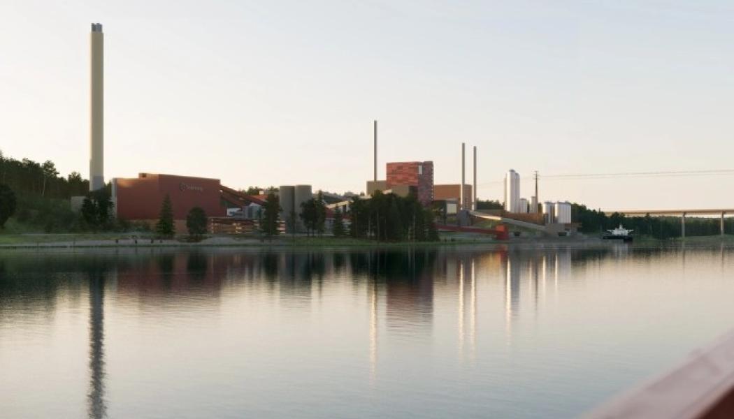En illustration av Igelstaverket och den nya bio-CCS-anläggningen.  Liljewall arkitekter