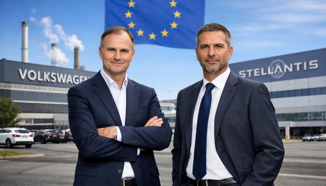 Koncerncheferna Oliver Blume och Antonio Filosa ställer krav på EU:s industripolitik. Illustration, ej fotografi – AI-genererat innehåll, copyright, Conventus.