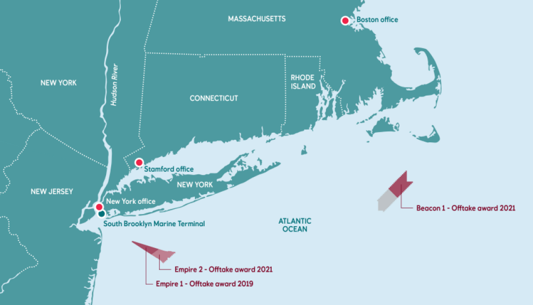 Vindkraftsparkerna utanför New Yorks kustområden. Karta: Equinor