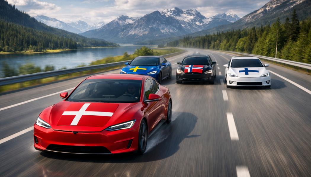 Den nordiska bilracen. Danskarna visade stort intresse för att köpa bil i januari, medan försäljningen minskade i övriga Norden. Illustration: ej fotografi – AI-genererat innehåll, copyright, Conventus. 