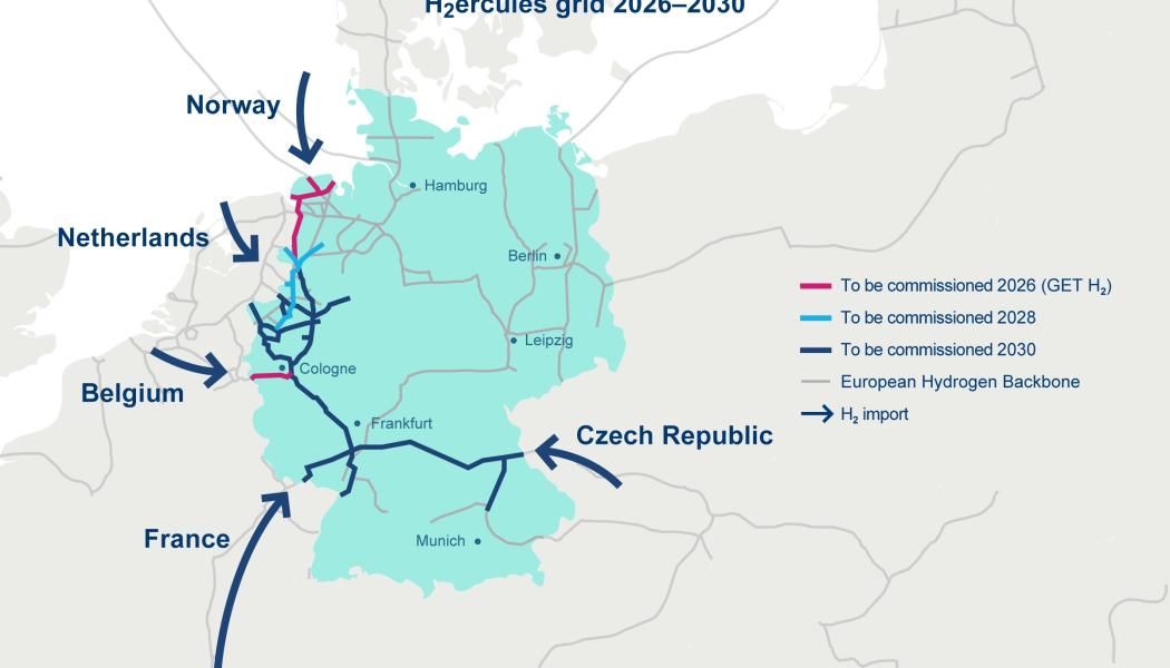 H2ercules öppnar också nya möjligheter att koppla framtida vätgasförbrukningscentra i Tyskland till viktiga importrutter, först via pipelines från Belgien och Nederländerna, och senare från Norge samt södra och östra Europa, med ytterligare utsikter för importterminaler för gröna molekyler i norra Tyskland. Projektet bidrar därmed betydligt till skapandet av en europeisk vätgasmarknad. Karta: RWE