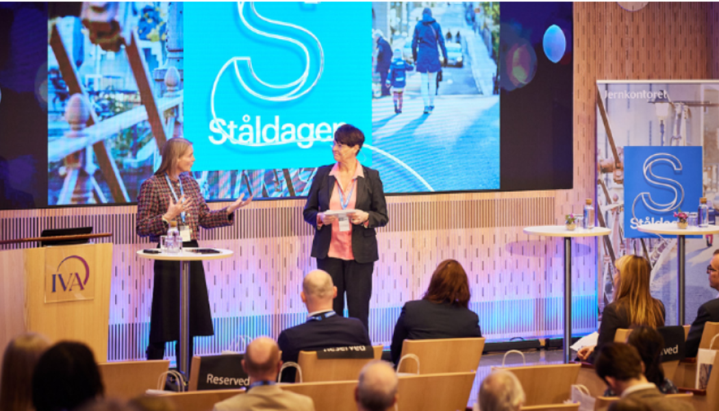 Ståldagen arrangerades i år på Kungl. Ingenjörsvetenskapsakademiens konferenscenter (IVA) i Stockholm. På bilden: Jernkontorets vd Annika Roos och moderator Karin Klingenstierna. Foto: Pia Nordlander
