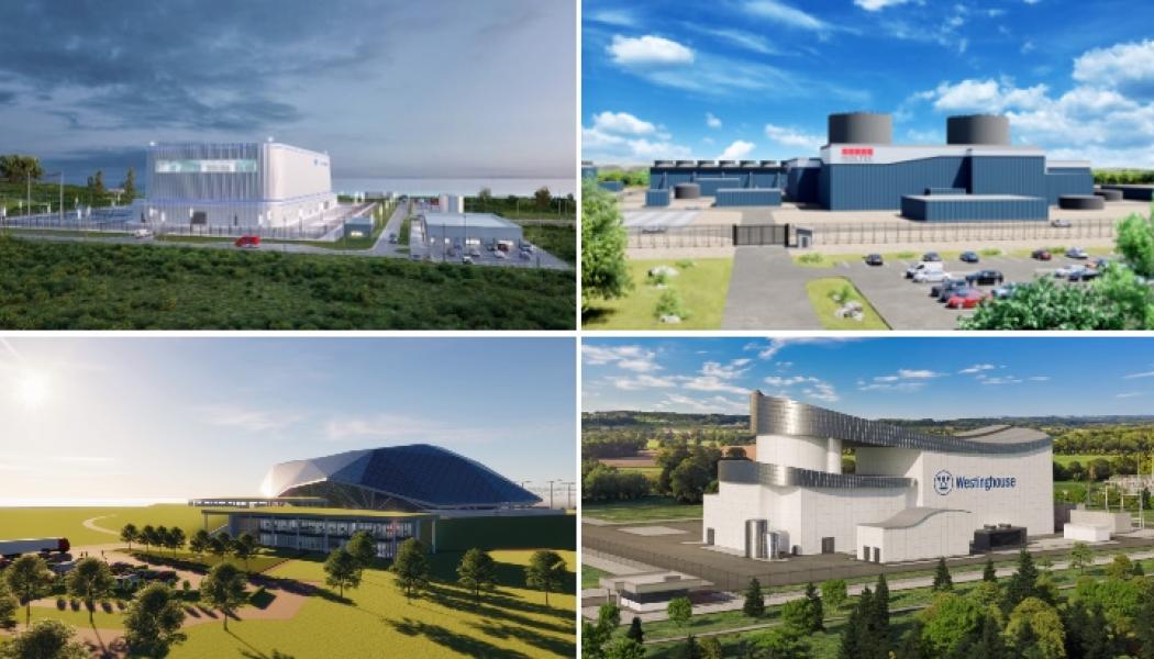 Sammanställning av anbudsgivarnas föreslagna SMR-modeller. Foton: GE Hitachi, Holtec och Westinghouse samt brittiska Rolls-Royce