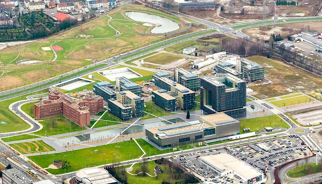 Flygfoto över ThyssenKrupps högkvarter, riktning NW. Foto: Kredit: Tuxyso / Wikimedia Commons / CC BY-SA 3.0