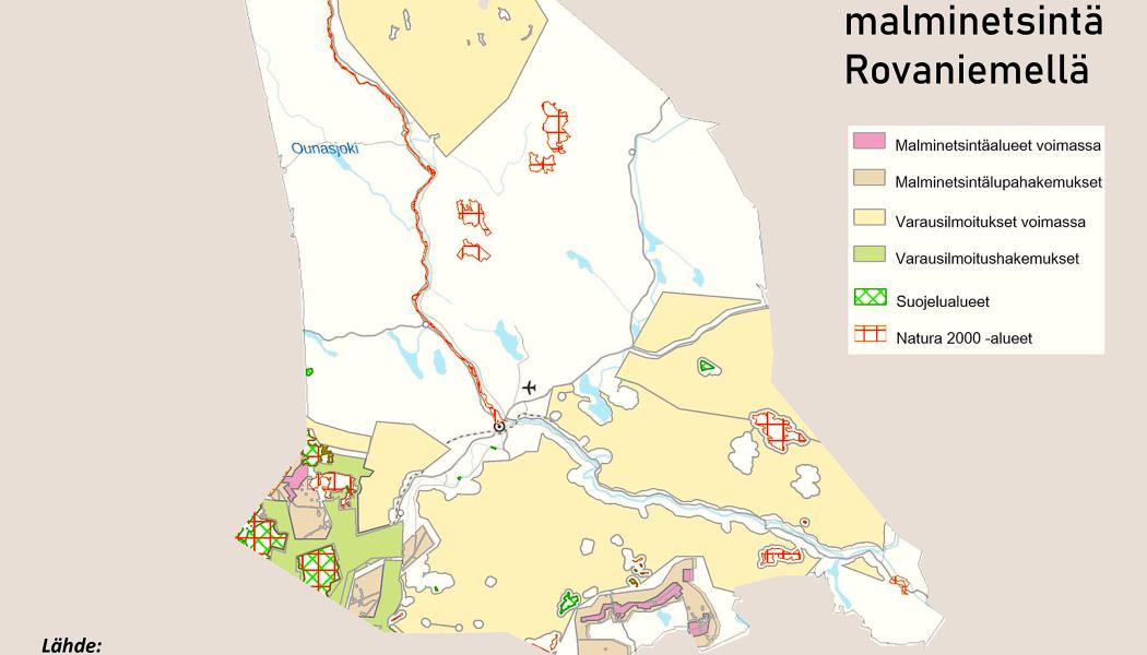 Totalt fyra företag: Latitude 66 Cobalt, Firefox Gold, Mawson och Suhanko Arctic Platinium har under senaste åren letat efter malm i berggrunden i Rovaniemi. Bilden visar området. Karta: Kaivosrekisterin
karttapalvelu